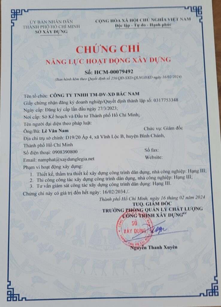 Chứng chỉ hoạt động và năng lực xây dựng là một yếu tố quan trọng. Nó chứng minh sự hợp pháp và năng lực của công ty góp phần làm nâng cao uy tín chất lượng dịch vụ 